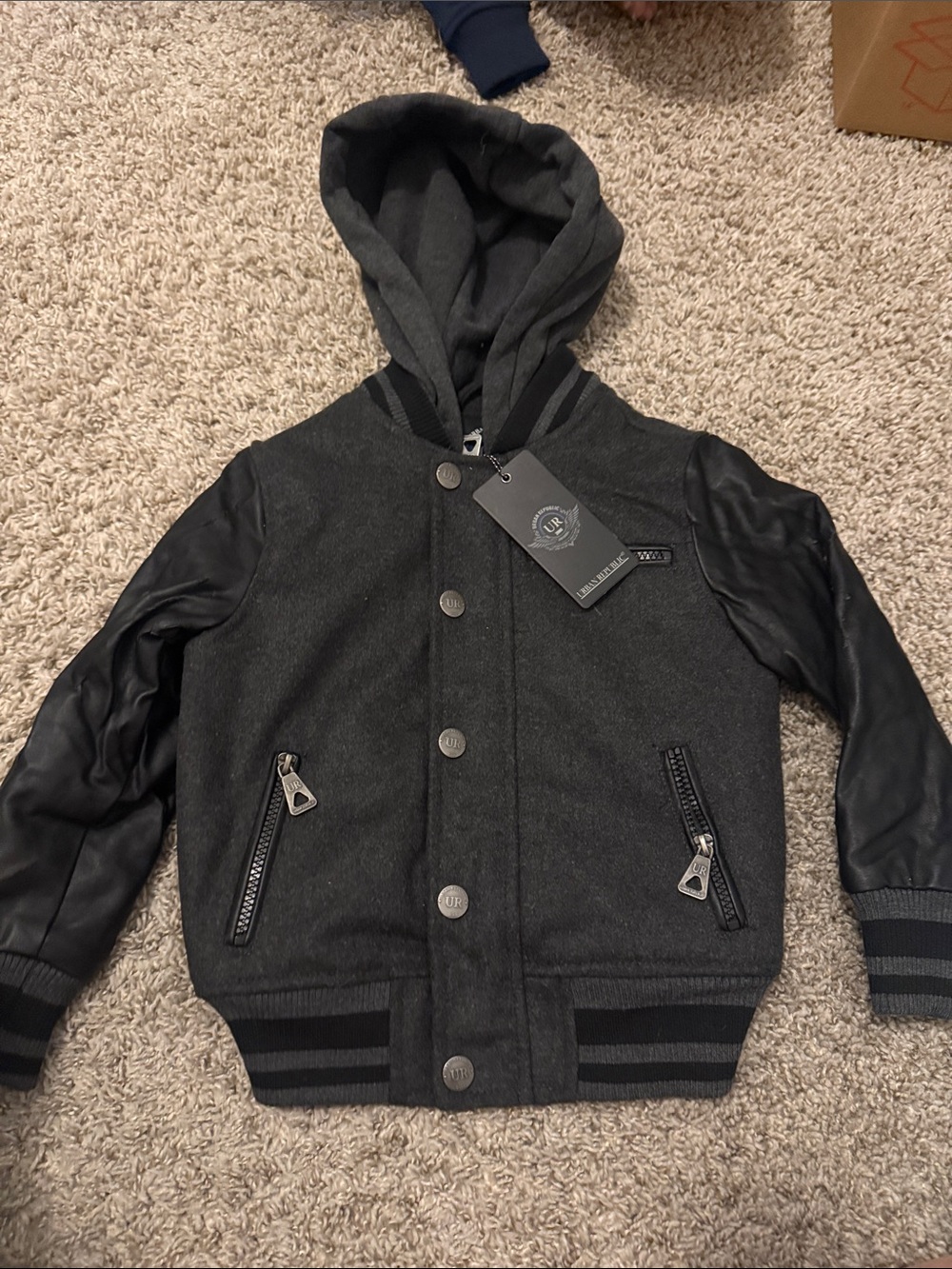 Urban Republic Charcoal and Black Hooded Bomber Jacket for Kids
